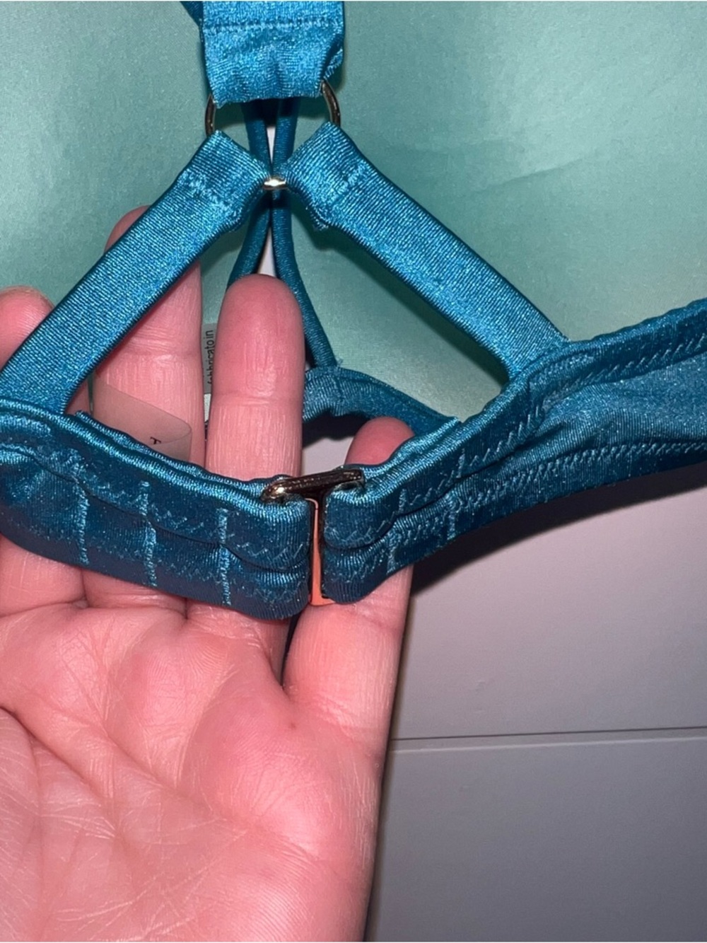 Victoria’s Secret Shine Strap Bombshell Push Up Swim Top 34D Teal Logo Bling GUC - Picture 7 of 9